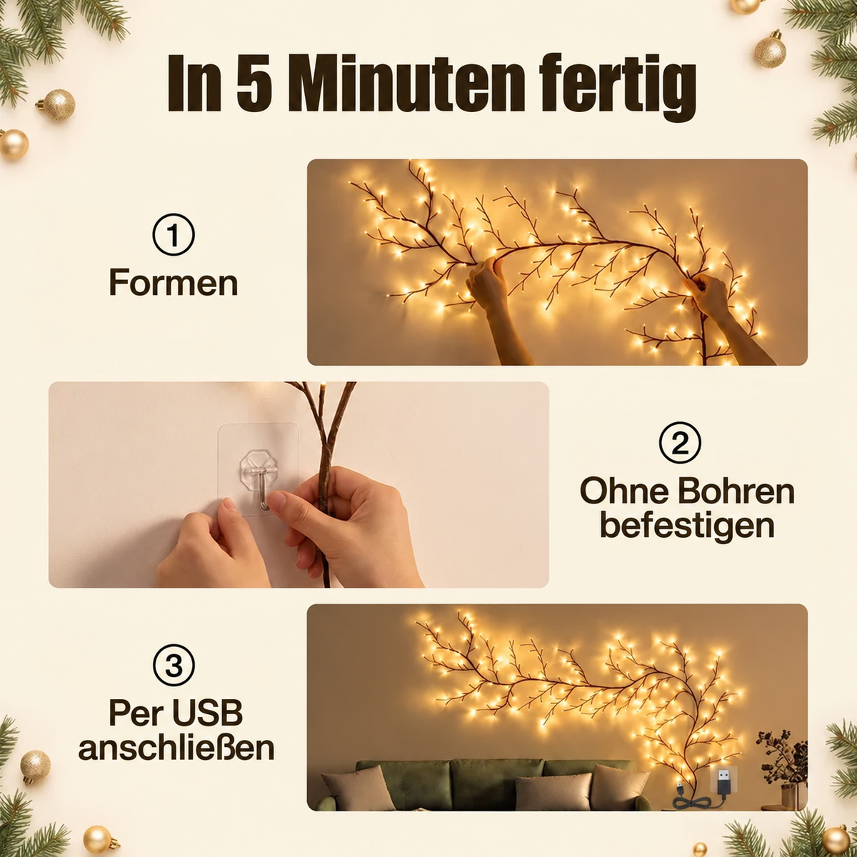 LumiZweig in 5 Minuten ohne Bohren per USB anbringen