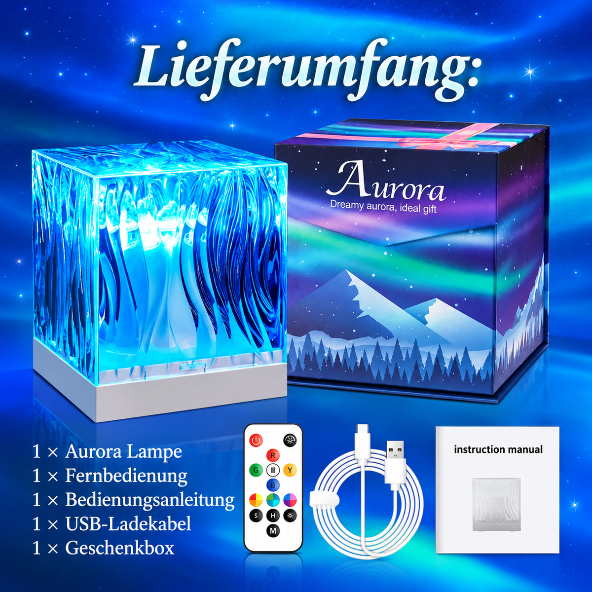 Aurora Lampe Lieferumfang mit Fernbedienung, USB-Ladekabel, Anleitung und Geschenkbox