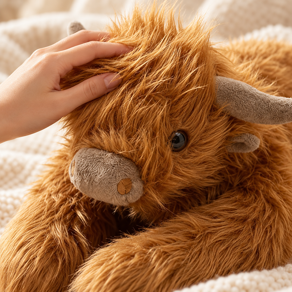 Nahaufnahme des zotteligen Plüschfells des Hochlandrind Kuscheltiers