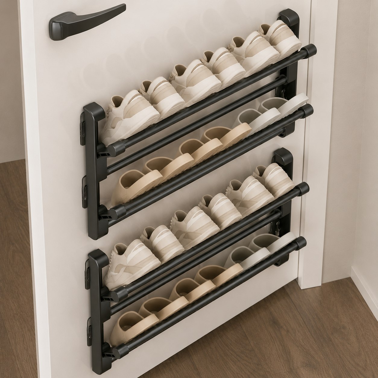 Wandmontiertes Schuhregal mit Drainagesystem